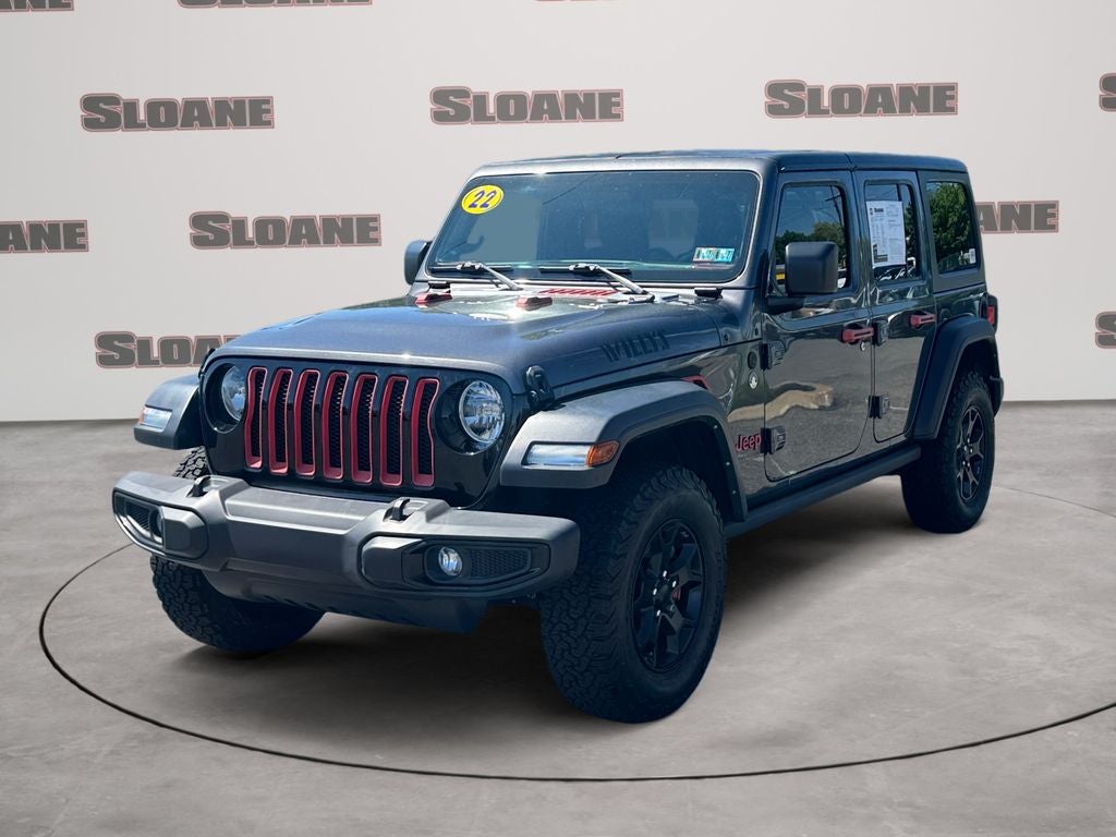 2022 Jeep Wrangler Unlimited Willys in Granite Crystal Metallic Clearcoat — front three-quarter view